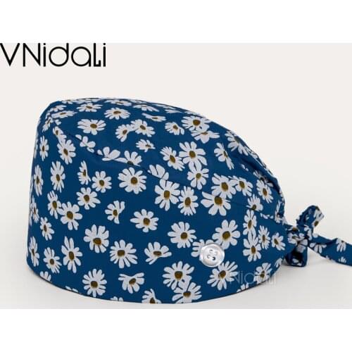 Button high quality cotton Cartoon print hats adjustable Scrubs hat beauty salon working cap laboratory pet shop scrub cap