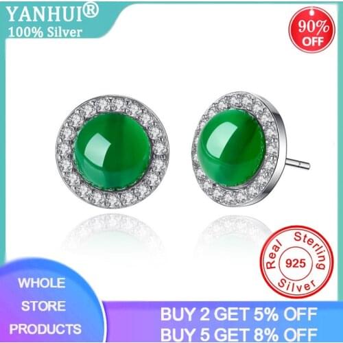 YANHUI 925 Sterling Silver Earrings Russian Round Created Nano Emerald Delicate Stud Earrings for Women Gifts Silver 925 Jewelry