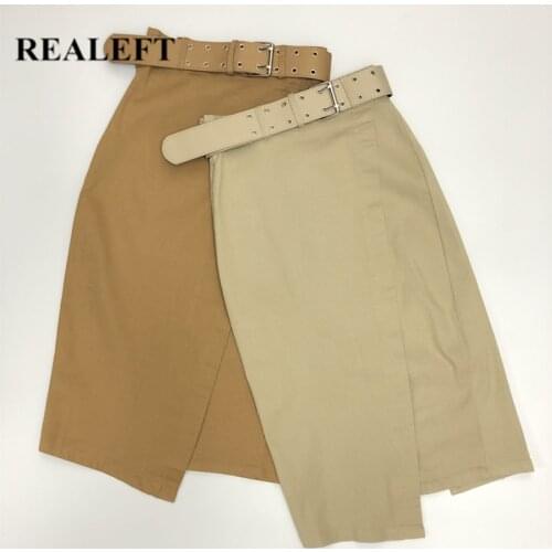 REALEFT Stylish Irregular Wrap Midi Skirts with Belted 2021 New Spring Autumn Womens High Waist A-Line Back Split Skirts Ladies