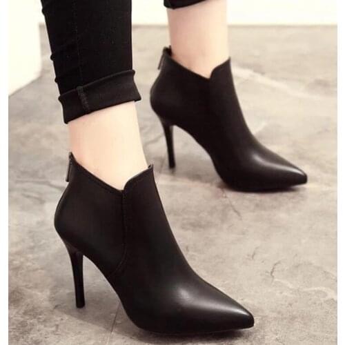 New Women Boots Ankle PU Leather Zipper Booties High Heels Shoes Black Boots Zapatos De Mujer Pointed Toe zapatillas mujer