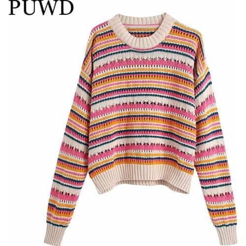 PUWD Casual Womens Pullover Sweater 2021 Autumn Loose Personality Contrast Color Striped Jacquard Round Neck Retro Female Top