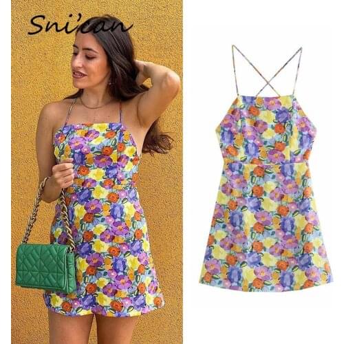 Purple Floral Backless Dress Sexy Spaghetti Strap Mini Dresses Za 2021 Women Fashion Summer Slim Bodycon Vestidos Cortos Outwar
