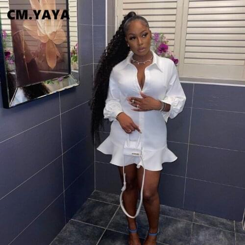 CM.YAYA Women Mini Dress Solid Full Sleeve Turn-down Collar Single Breasted Ruffles Straight Dresses Fashion Vestidos Autumn