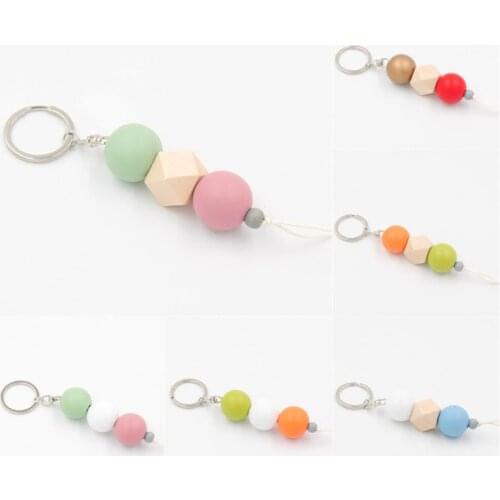 2021 New Multicolor Geometric Wood Beads Keychain For womens Bag Wooden Beads Keyrings Gifts