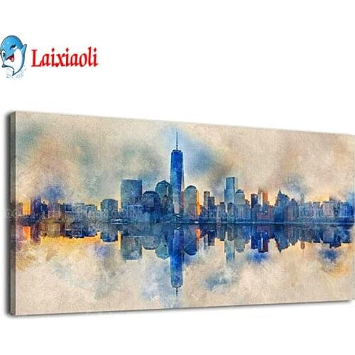 New York Skyline Water Reflection Diy square round drill diamond Painting abstract Landscape cross-stitch embroidery puzzle Gift