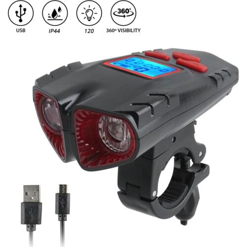 BORUiT Waterproof LED Bicycle Light Rechargeable Cycle Front Headlight 120LM Cycling FlashLight with Horn Speed Meter LCD Screen