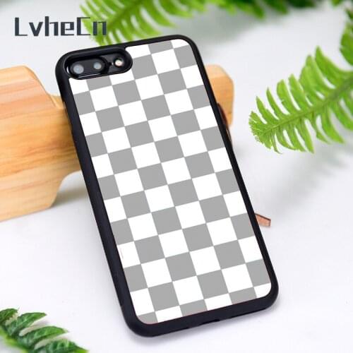 LvheCn Silicone Rubber Phone Case Cover for iPhone 6 6S 7 8 Plus X XS XR 11 12 Mini Pro Max Checkered Check GREY WHITE