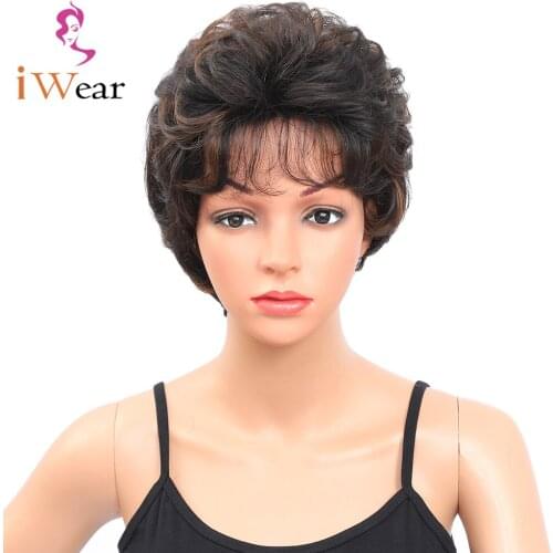 Short curly Black Mix Brown Wig Synthetic Wigs for Women Heat Resistant Fiber Daily Use