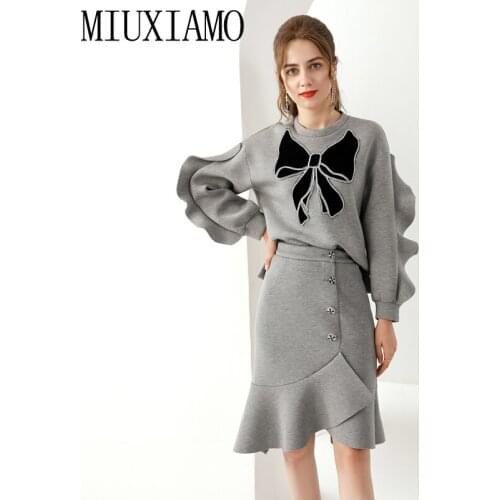 MIUXIMAO 2021 Spring Summer Ruffles Long Sleeves Diamond Butterfly Appliques Tops + Half Skirt Fashion Women Two Piece Set