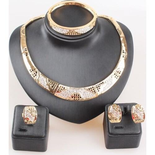 Fashion Wedding Accessories Women African Beads Crystal Gold/Silver Plated Fine Necklace Earrings Bangle Ring Jewelry Sets