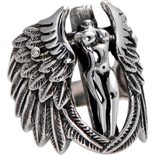 Punk Wind Gothic Rock Band Exaggerated Rings Retro Cross Wings Metal Mens Open Rings Adjustable Nightclub Trend Jewelry Gifts