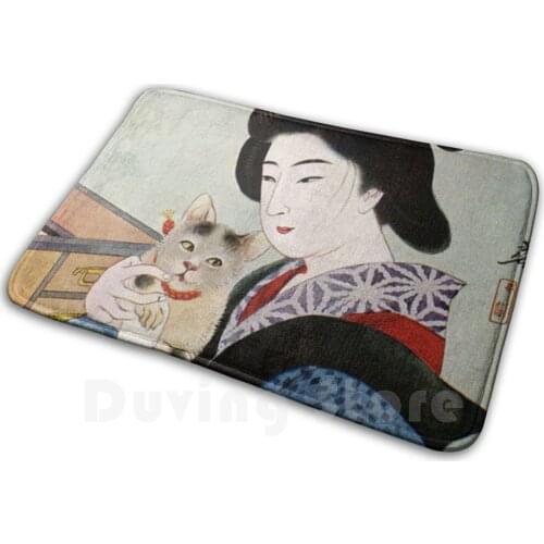 A Geisha And Her Cat Soft Non-Slip Mat Rug Carpet Cushion Japan Japanese Geisha Cat Cats Kimono Woman Fan Vintage Travel