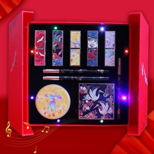 10Pcs Makeup Set Chinese Style Music Gift Box Velvet Carved Lipstick Concealer Air Cushion Eyeshadow Palette Eyeliner Cosmetics