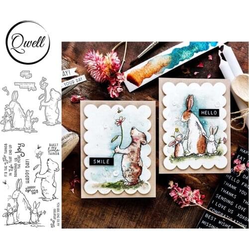 QWELL Bunnies Kids Bear Flowers Happy Spring Day Joy Dies and Stamps Set DIY Craft Scrapbooking Album Making Template 2021