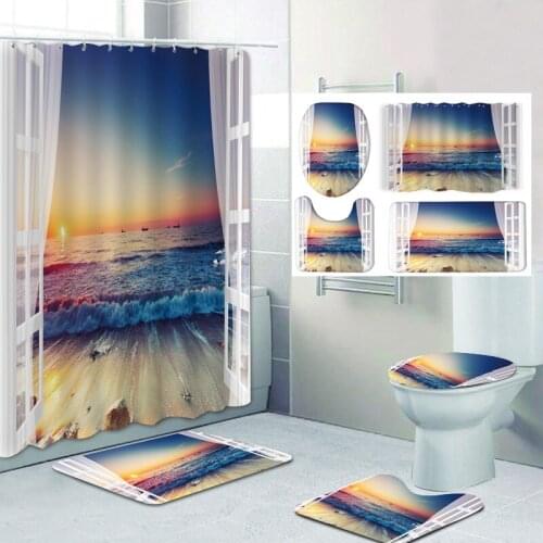 Curtain Scenery Shower Curtain Set Carpet Toilet Cover Bath Mat Sets Bathroom Curtain Waterproof With 12 Hooks Home Deco