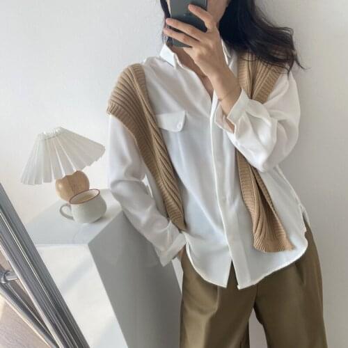 New Korean solid color V-neck long-sleeved blouse female chiffon shirt