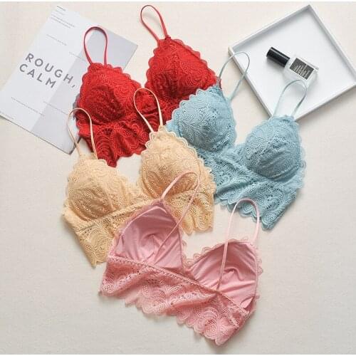 New Lace Underwear Bras for Women Wireless Lingerie Top Deep V Padded Bralette Seamless Girls Solid Crop Tops Push Up Bra Sexy