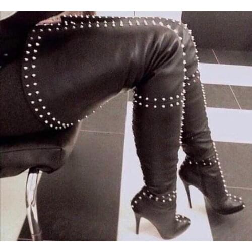 New Women OverKnee Boots Sexy Rivets Stiletto Thin High Heels Boots Round Toe Black Night Club Shoes Women Pumk Rain Booties