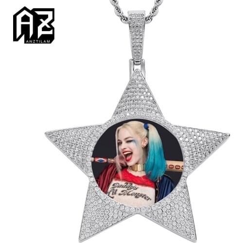 AZ Hip Hop Five-Pointed Star Custom Photo Pendant Necklace With Long Chain Personalized Shiny AAA+ Cubic Zircon Jewelry