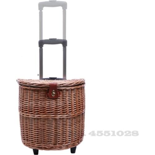 Rattan Weaving Picnic Basket Trolley cart Multifunctional Wheeled Storage Basket with Lid Hand Basket Outdoor Picnic Props