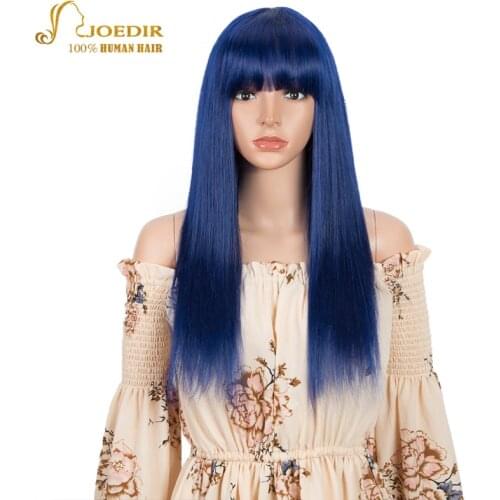 Joedir Straight Human Hair Wigs With Bangs Full Machine Made Wigs Colored Blue long Wigs Brazilian Remy Hair Wig