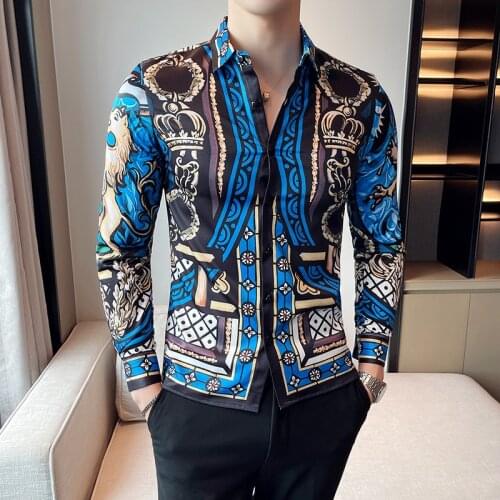 Luxury Crown Printed Shirts Men Long Sleeve Slim Casual Shirt Streetwear Social Vintage Men Clothing Party Tuxedo Chemise Homme