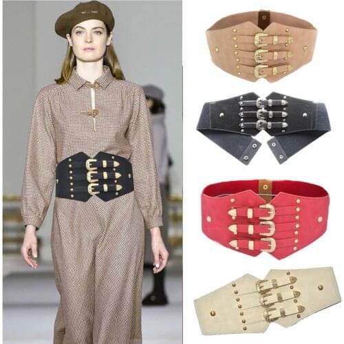 Luxury Ladys Dress Waistband Punk Wide Belts For Women Retro Metal Pin Buckle Faux Leather Elastic Corset Designer Brand bg-361