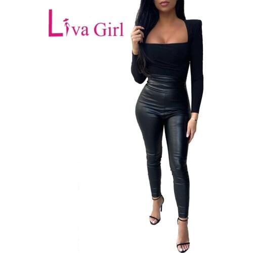 LIVA GIRL Woman Sexy Pleated Square Neckline Low Cut Thin Bodysuit All Match Bottoming Shirt Female Long Sleeve Jumpsuit Rompers