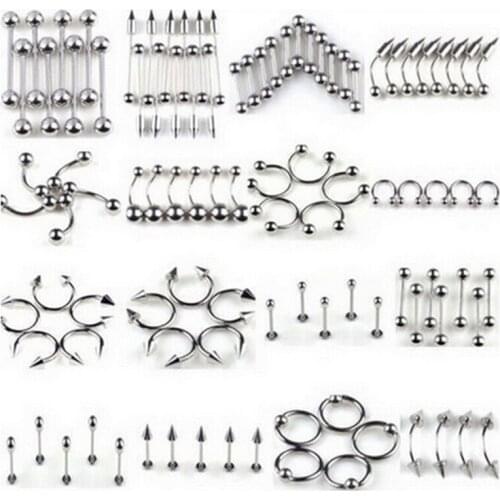 60/85Piece Multi-type Stainless Steel Curved Eyebrow Nose Lip Earrings Nipple Piercings Punk Unisex Body Piercing