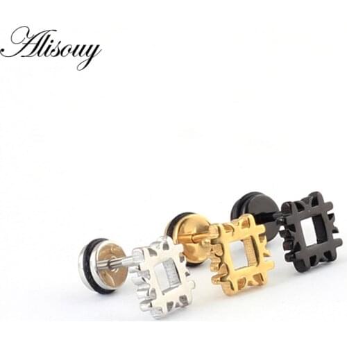 Fashion titanium Steel Hollow Square Window Men Women Ear stud Earrings 2pcs