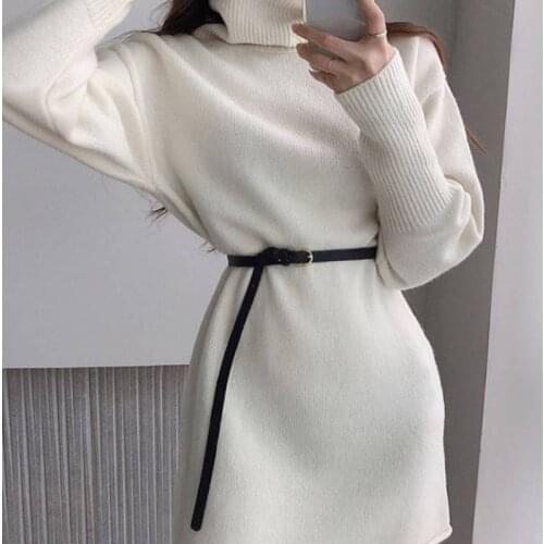 Chic Turtleneck Full Sleeve Female Knitted Mini Dress Elegant Slim Waist Belted Female Package Hip Sweater Vestidos