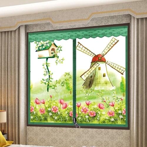 Green Rural Windmill Door Window Mesh Screen Zipper Opening Yarn Air Tulle Fly Mosquito Net Curtain Remove Washable