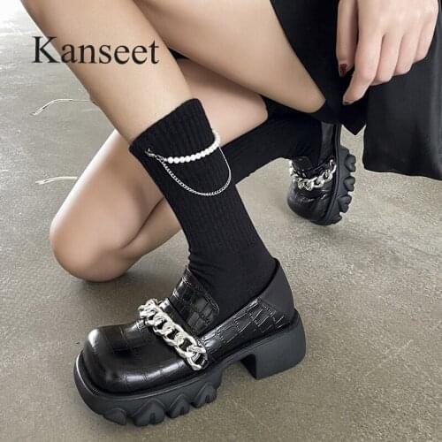 Kanseet Genuine Leather Womens Shoes 2021 Autumn New Metal Chain Decoration Chunky Heels Pumps Handmade Casual Female Footwear