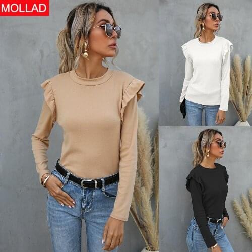 European and American Womens Clothing European Station Spring and Autumn Solid Color round Neck, Slim-Fit, Long-Sleeved T-shirt