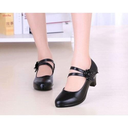 2019 New Women shoes Pumps Black High heels Lady Patent leather Thick with Autumn Round head Shoes Female Sandal