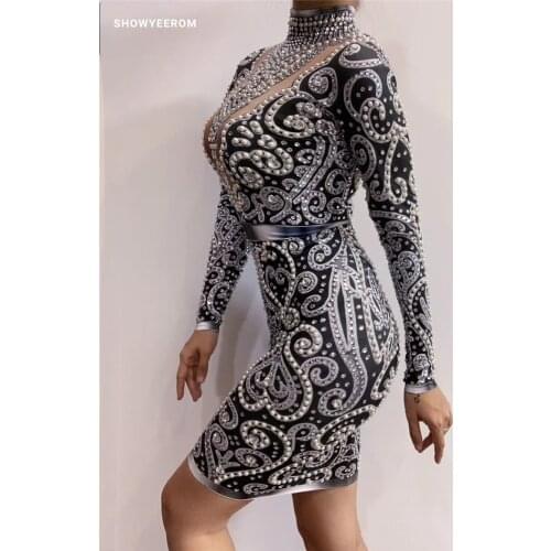 Women Singer Black Gray Rhinestones Pearls Long Sleeves Dress Sexy Spandex Outfit Birthday Celebrate Evening Dress