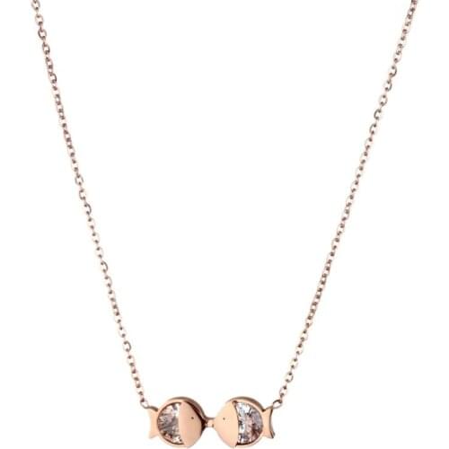 316L Stainless Steel Fashion Fine Jewelry Zircon Kissing Fish Charms Chain Choker Collier Necklaces & Pendants For Women