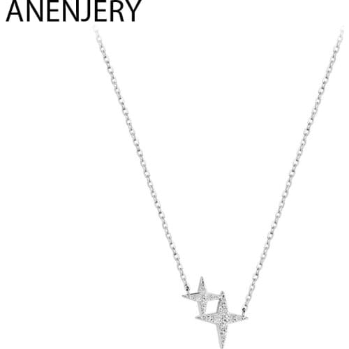 ANENJERY 925 Sterling Silver Glittering Cubic Zircon Cross Star Necklace Clavicle Chain Charm Necklace For Women Jewelry S-N611