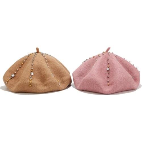 Bonnets Beret hat women wool solid color beret Diamond retro hat retro plain beret hat warm hat elegant ladies winter hat