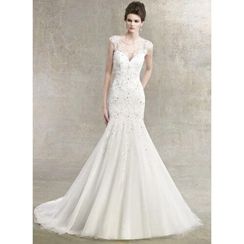 Free shipping 2016 New Applique Lace Beaded Mermaid Tulle Sheer Wedding Dress Open Back Custom Made rhinestone wedding dress