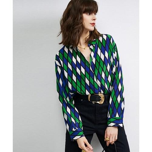 100% Silk Blouse Women Loose Shirt Diamond Plaid Print Stand Neck Vintage Long Sleeves Casual Tops Elegant Style New Fashion