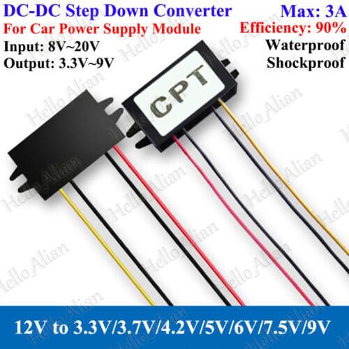 DC-DC Buck Converter DC 12V To DC 3.3V/ 3.7V/ 4.2V/ 5V/ 6V/ 7.5V/ 9V Step Down Voltage Regulator for Car Power Supply Module