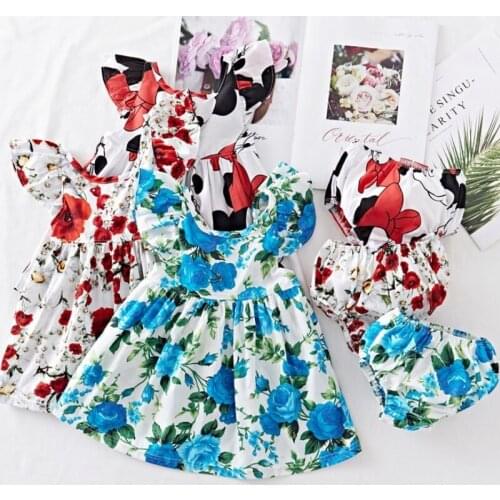 Baby Dress Lovely Summer Infant Baby Girl Ruffle Floral Dress Sundress Briefs Outfits Minnie Dress + Brief PP Pants Clothes Set