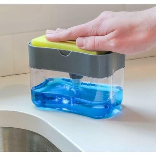 Soap Pump Dispenser With Sponge Holder Cleaning Liquid Dispenser Container Manual Press Soap Organizer Kitchen Bathroom Cleaner