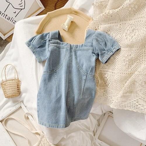 Girls Puff Sleeve Denim Dress 2021 Summer Childrens Short Sleeve Casual Dress For Kids High Waist Slim U-neck Dress