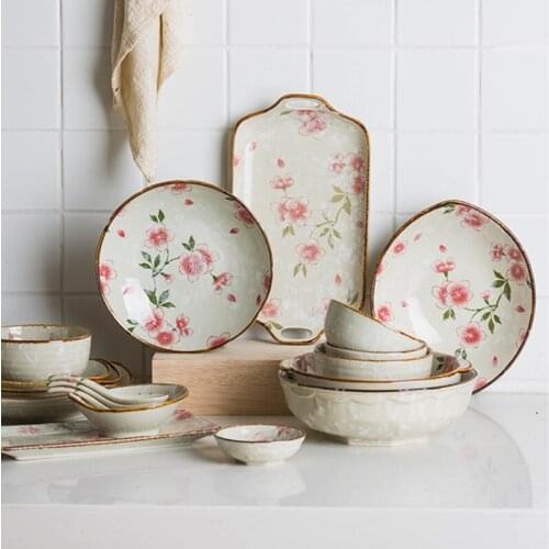 Japanese-style Cherry Blossoms Ceramic Tableware Household Kitchen Supplies Plate Soup Bowl Dish Square Spoon Set
