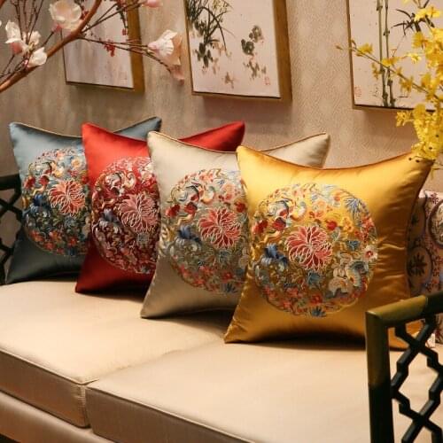 Classical Chinese Style Embroidered Cushion Cover High-grade Circle Flower Waist Pillow Cases Home Party Decoration Cover