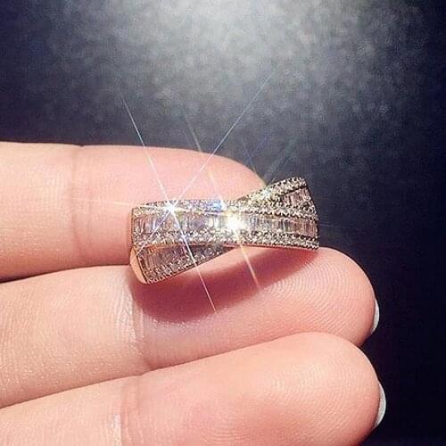 Handmade 925 Sterling Silver rings For Women Sparkling Princess-cut stone ring Wedding Jewelry Cross Simulated Diamond Rose gold