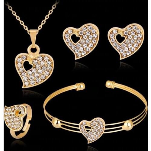 Fashion Jewelry Luxury Gold-color Romantic Austrian Crystal Heart shape Chain Necklace Earrings Bracelet Ring Jewelry Sets