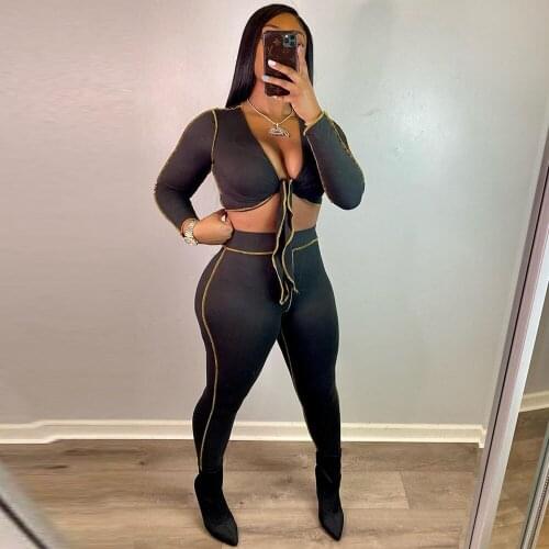Bright Striped Decoration Fitness Two Piece Outfits Women Tied Up Full Sleeve Crop Tops and Workout Slim Fit Legging Sweatsuit
